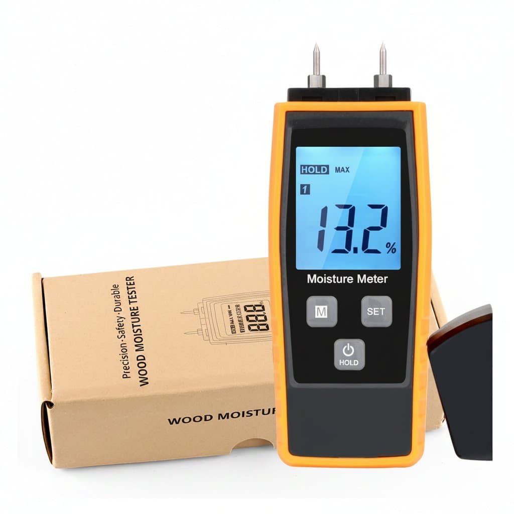 RZ digital wood moisture meter with 0-80% range for wood, concrete, and building materials, featuring a clear display and dual-pin design.