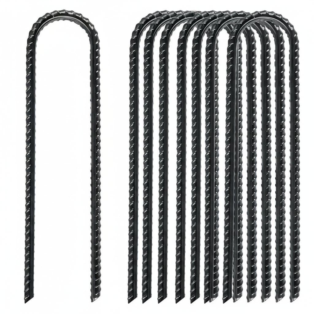 Heavy Duty Ground Anchor 6-Pack: multiple rebar stakes, one held by a hand.