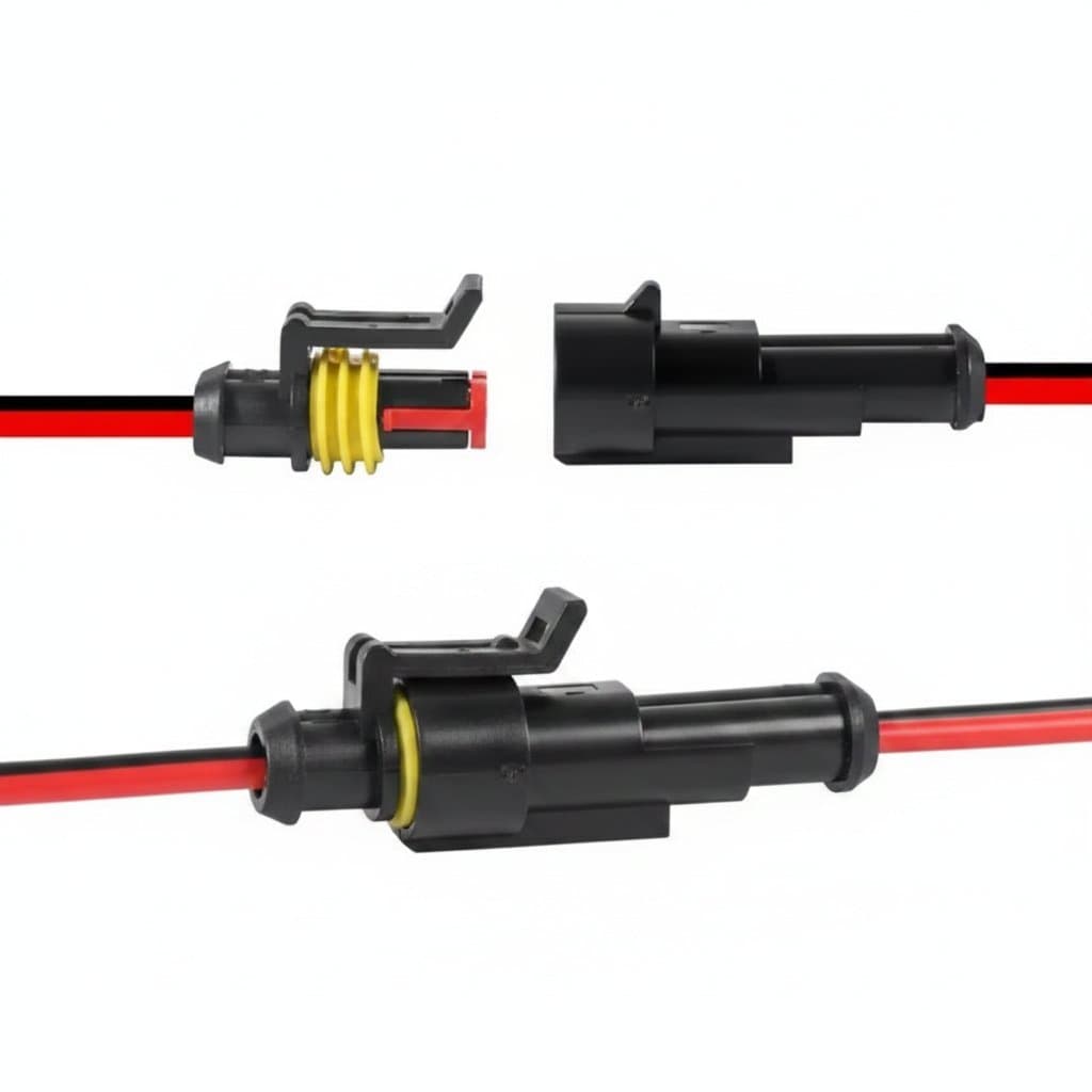 Waterproof 2-pin electrical connector plug with wires for automotive, motorcycle, and marine wiring applications.