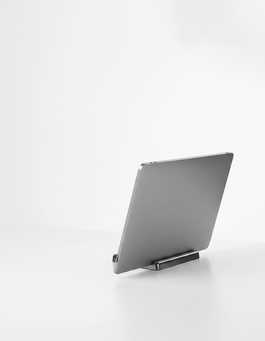 Dual Vertical Laptop Stand, a silver stand holding two laptops upright.