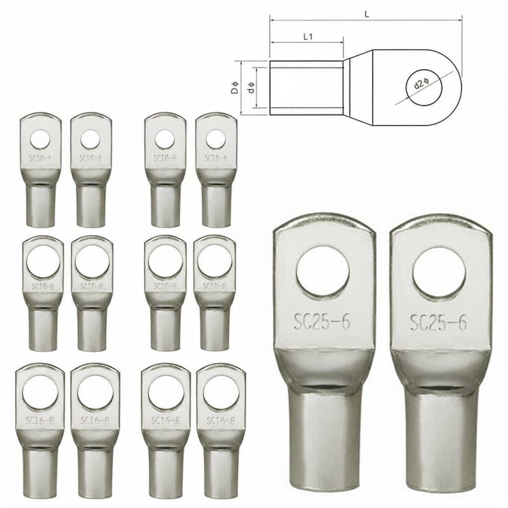 20PCS assortment of tinned copper ring crimp terminals and lugs for battery and welding cable connections, 4mm to 25mm sizes.