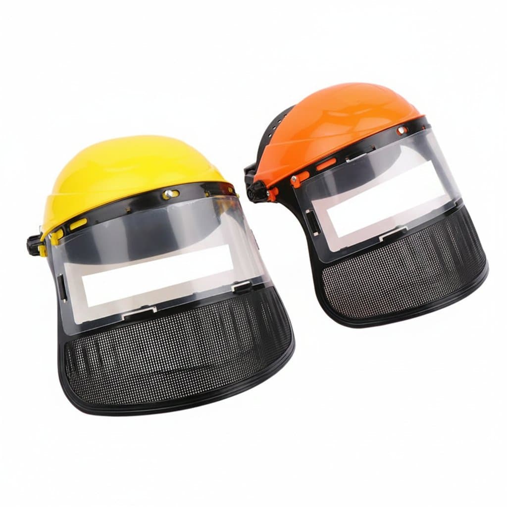 Garden grass trimmer safety helmet with full-face mesh protective mask for logging, brush cutting, and forestry protection.