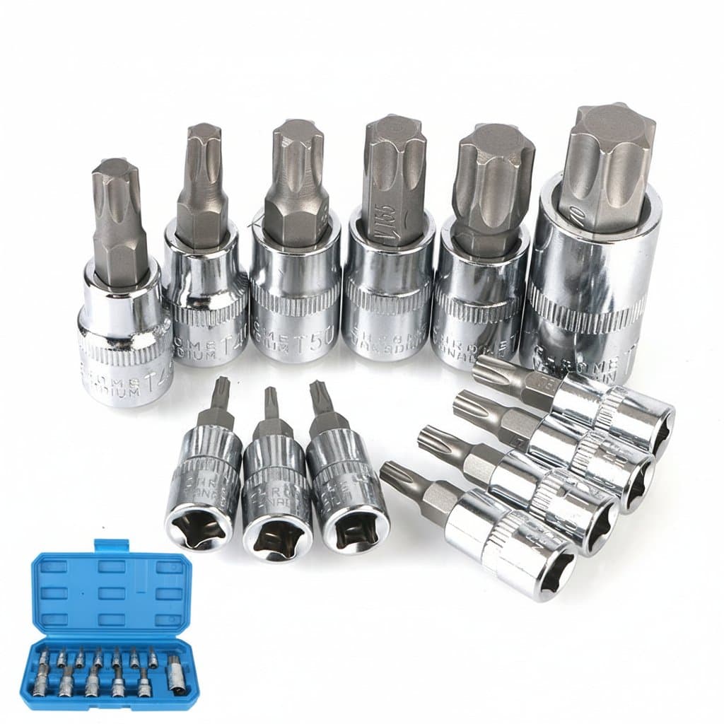 A 13-piece Torx bit socket set, T8-T70, for ratchet torque spanner, also effective as a spark plug torque wrench.