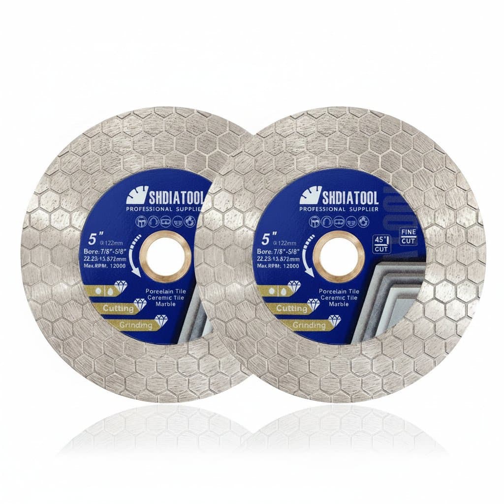SHDIATOOL 2-piece diamond saw blade set for cutting ceramic tile and marble, featuring a 5-inch diameter and double-sided grinding wheel design.