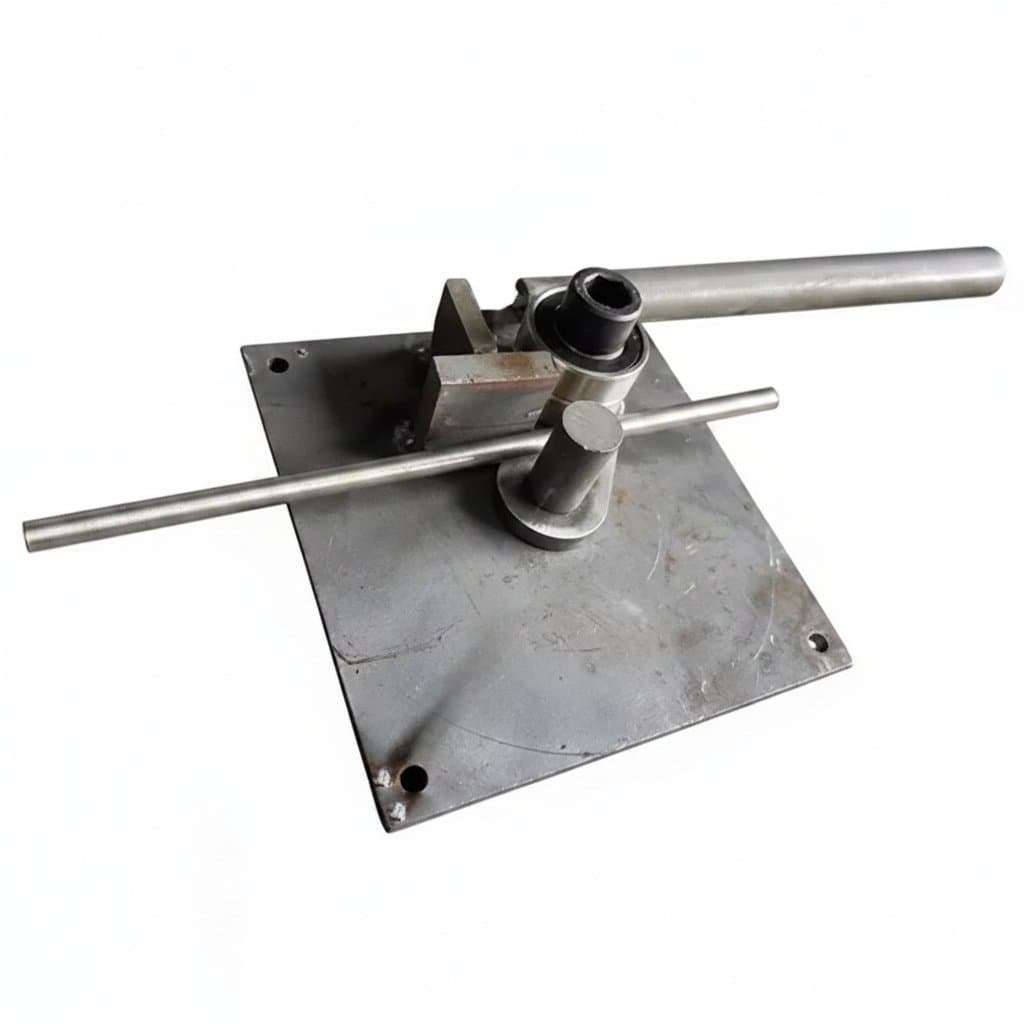 Portable manual steel bar bender tool for 1-8mm rebar, featuring a durable steel frame and ergonomic handle for construction site use.