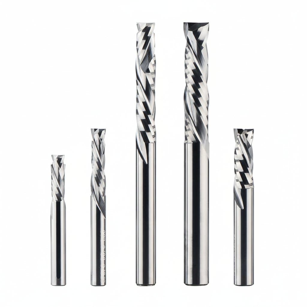 Two-flute spiral carbide compression end mill for CNC routing, featuring up-cut and down-cut design for clean woodworking.