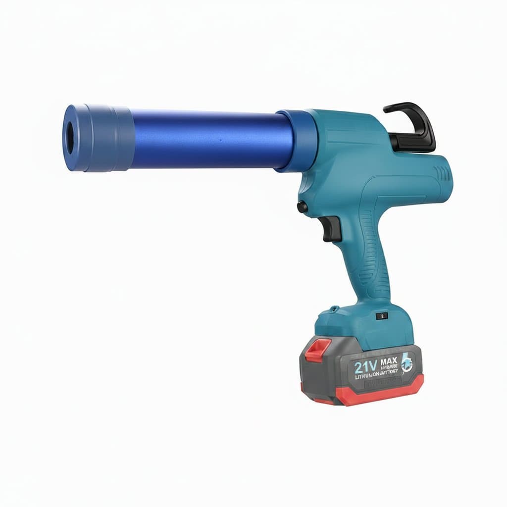 Electric Sealant Gun with brand logo, product info, and text overlays.
