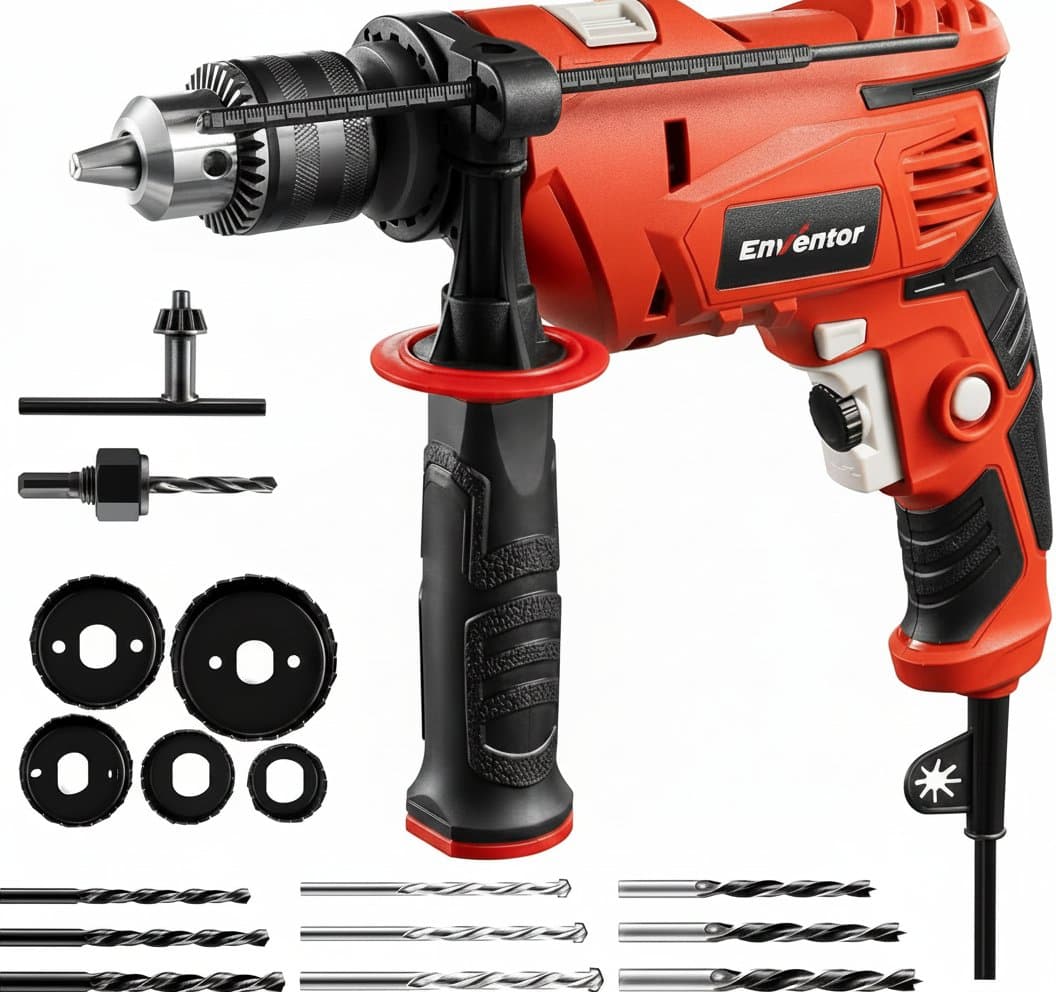 7.5 Amp 900W Hammer Drill with 1/2 inch chuck, shown in use drilling into a wooden beam with included drill bit.