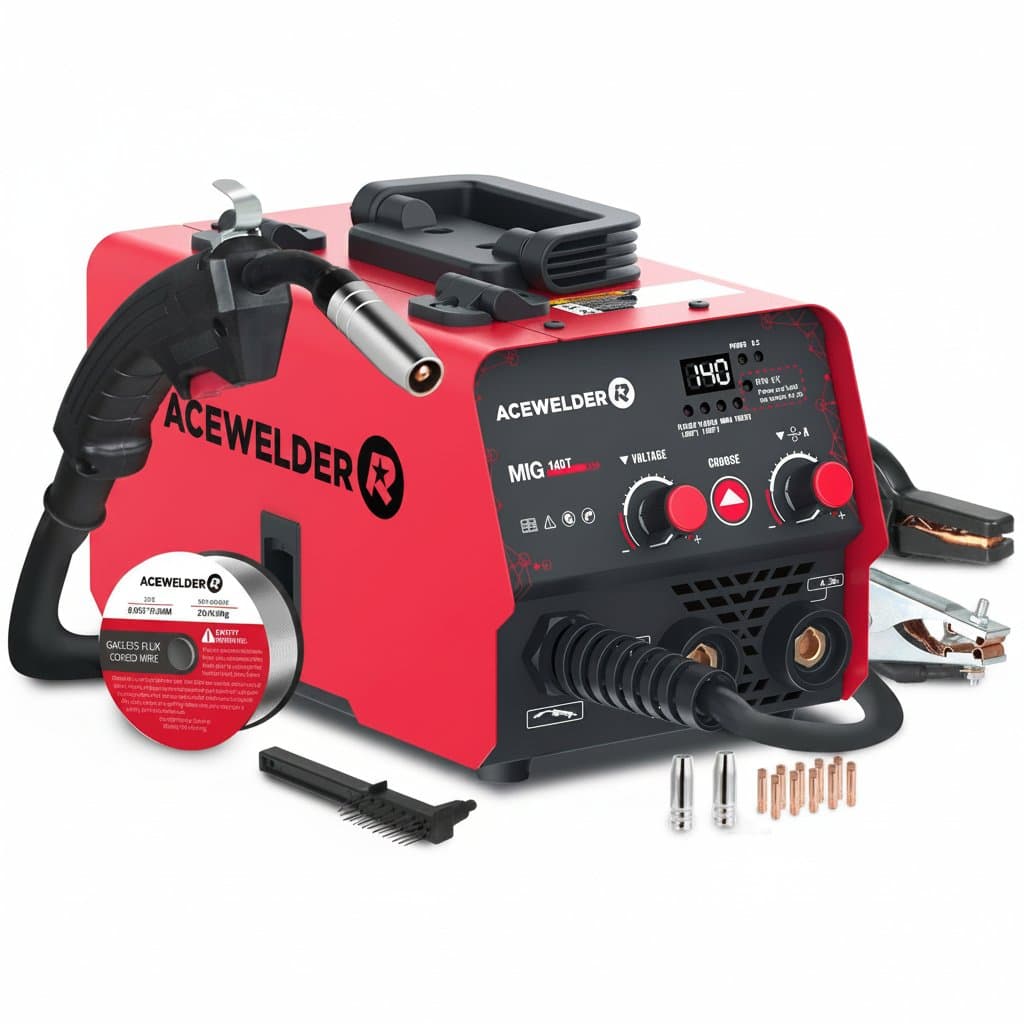 ACEWELDER 140A 3-in-1 IGBT inverter welding machine for MIG, ARC, and lift TIG welding, shown on a workbench.
