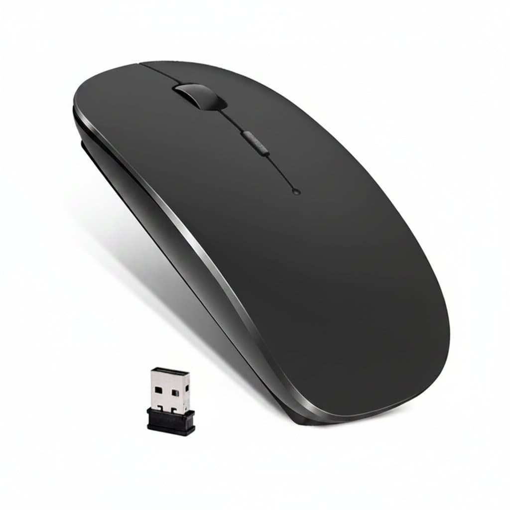 Ergonomic vertical wireless mouse in black, shown on a desk next to a laptop, featuring a rechargeable battery and multi-device Bluetooth connectivity.