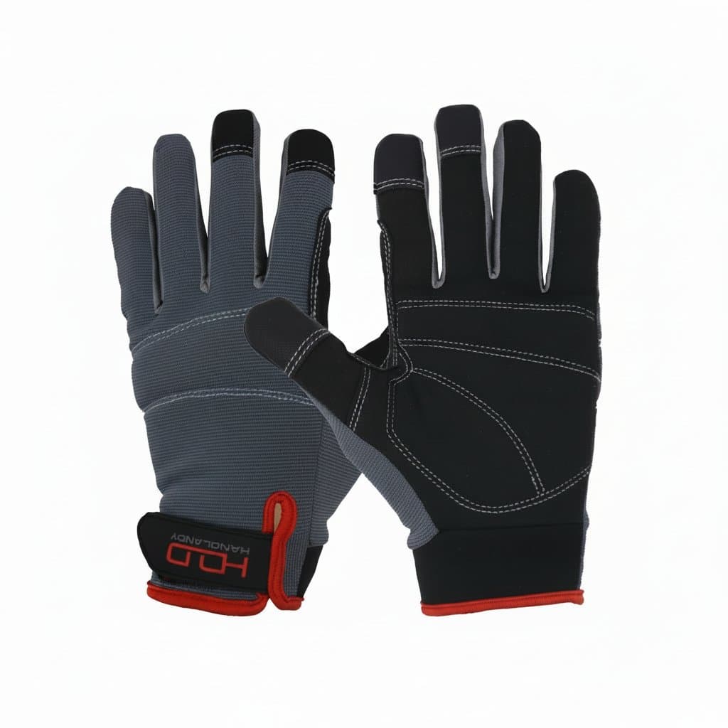 Microfiber fabric work gloves with padded knuckles and palm, touch-screen compatible for mechanic safety.