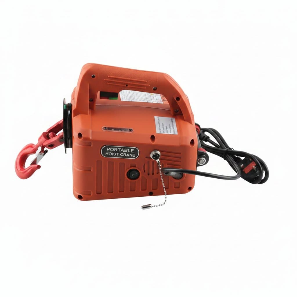 Portable electric hoist winch crane with remote control, 500kg capacity and 1500W motor for industrial material handling.