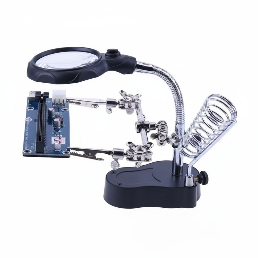 Desktop Magnifier with LED Lights and Third Hand Holder for precision soldering, welding, and electronic repair work.
