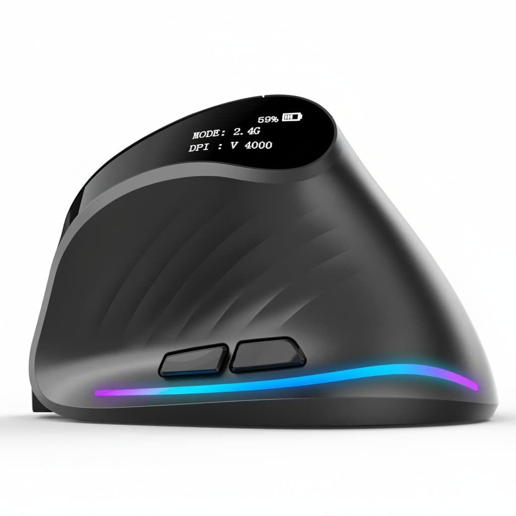 Lefon F35 wireless vertical ergonomic mouse for PC, Mac, and laptop, shown in black with rechargeable battery and side buttons.