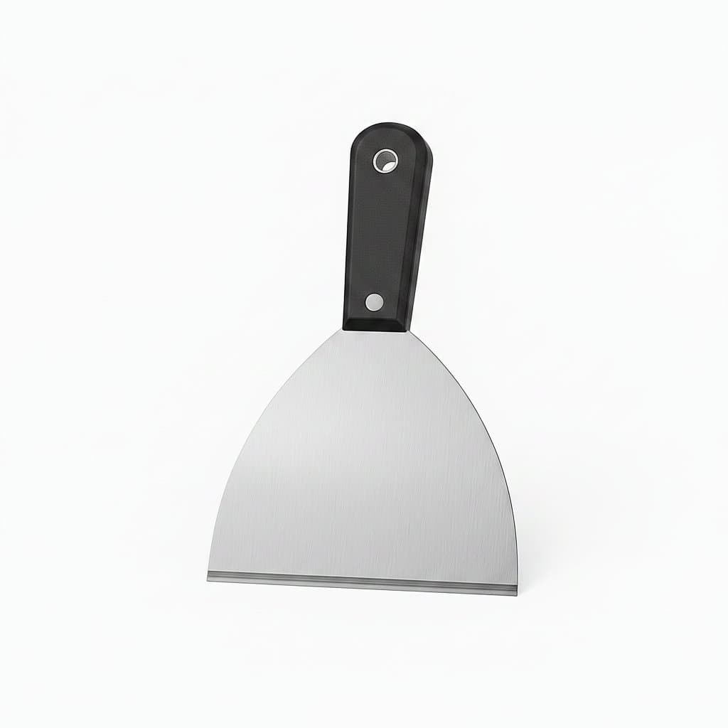 7PCS stainless steel putty knife set with flexible drywall scrapers, soft-grip handles for wall repair, plastering, and painting.