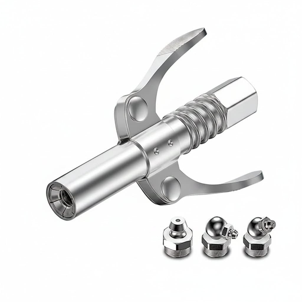 NPTI/8 10000PSI heavy-duty grease coupler with quick-release mechanism for high-pressure grease guns, featuring two-press easy-push operation.
