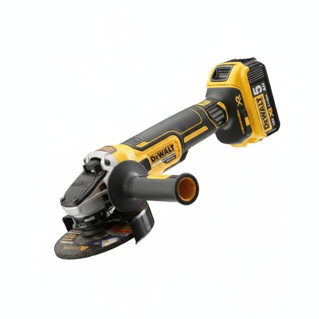 DEWALT DCG405 18V cordless angle grinder with a 125mm flat head, brushless motor, and bare tool design for professional cutting and grinding.