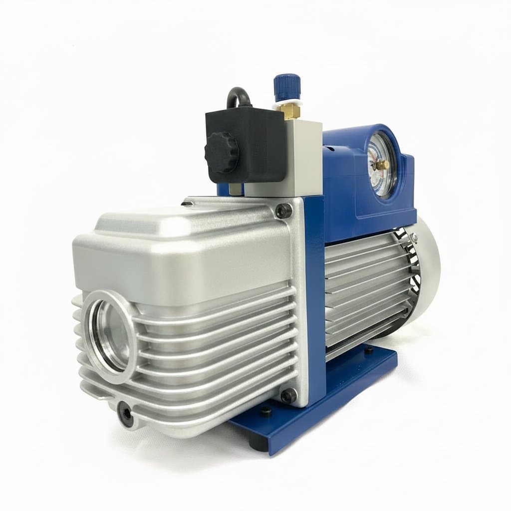 Refrigeration vacuum pump kit for air conditioning refrigerant maintenance, includes multiple accessories for HVAC system servicing.