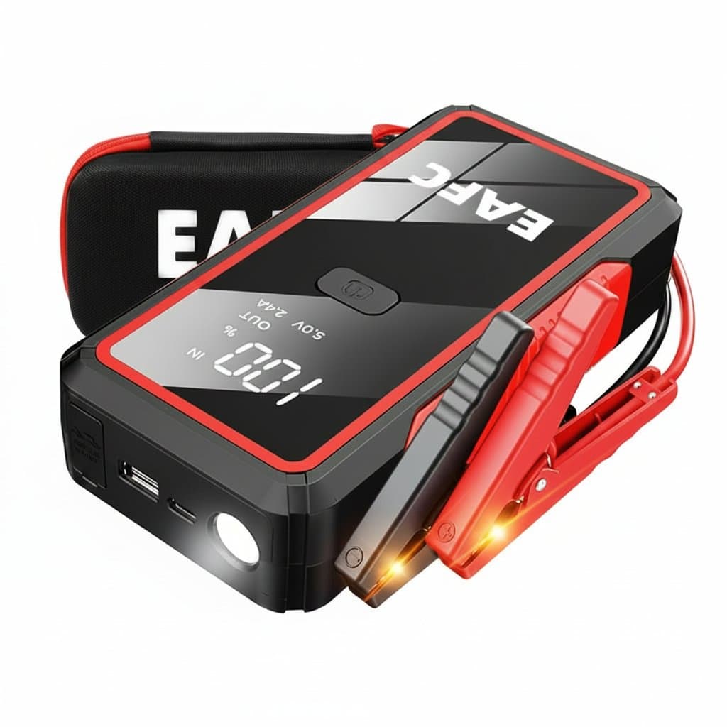 A car jump starter (2000A/1200A/600A) and portable power bank charger, a 12V auto emergency starting device and essential for jumper cables for car.
