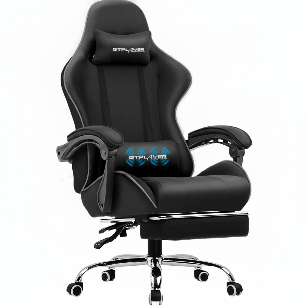 GTPLAYER gaming chair with adjustable height, swivel, headrest, lumbar support, and retractable footrest for office or gaming use.