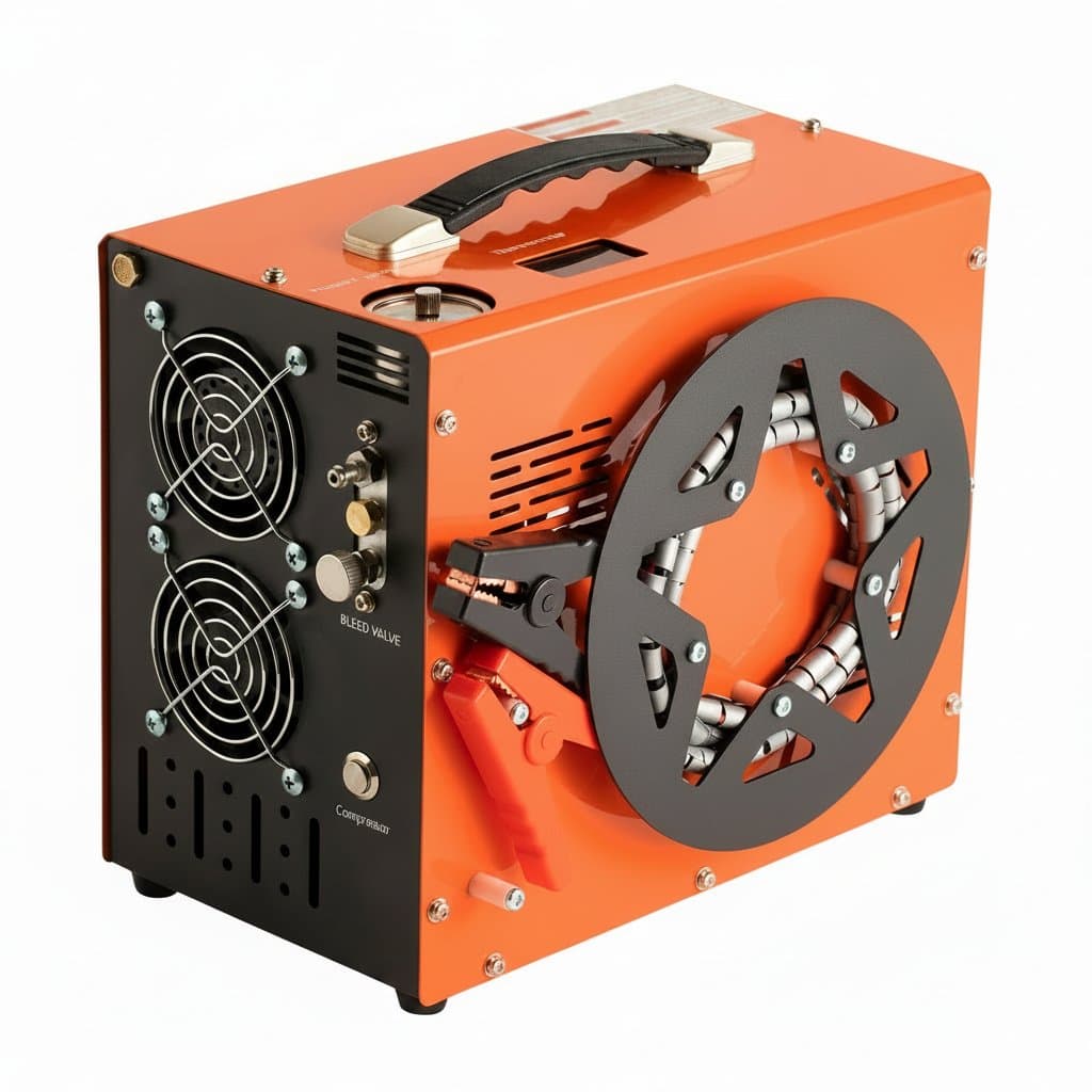 Portable PCP air compressor delivering 4500 PSI/30 MPa, water-free operation for filling air rifle, paintball, and scuba tanks.