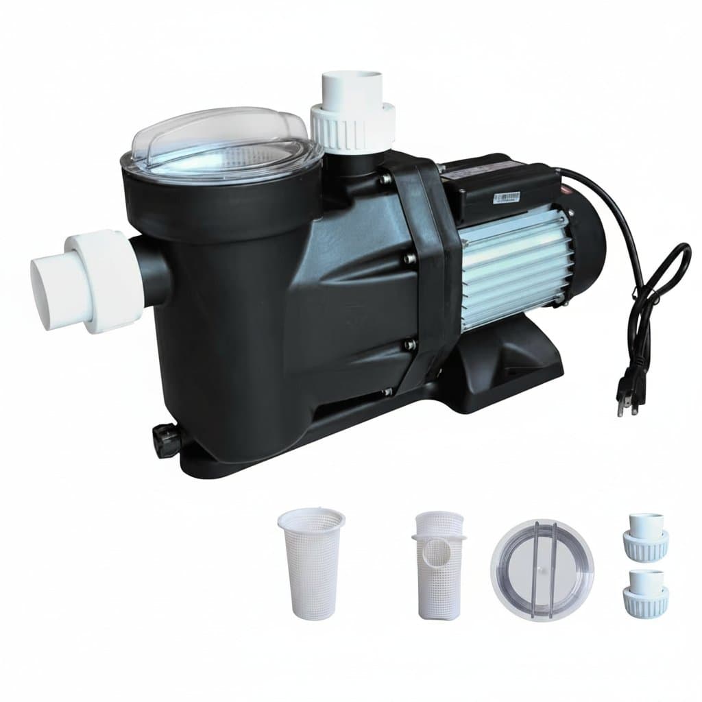 Swimming pool pump with 1.5HP or 3.0HP options, 110V/220V voltage, and powerful copper motor for above-ground pool circulation and filtration.
