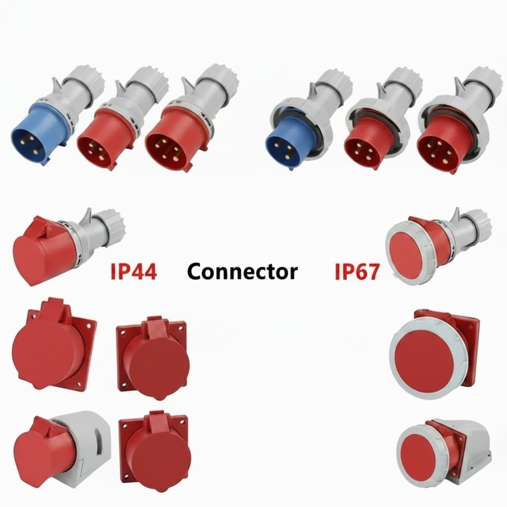 16A to 32A industrial waterproof plug socket connector with 3, 4, and 5 pin options in IP44 and IP67 ratings for secure electrical connections.