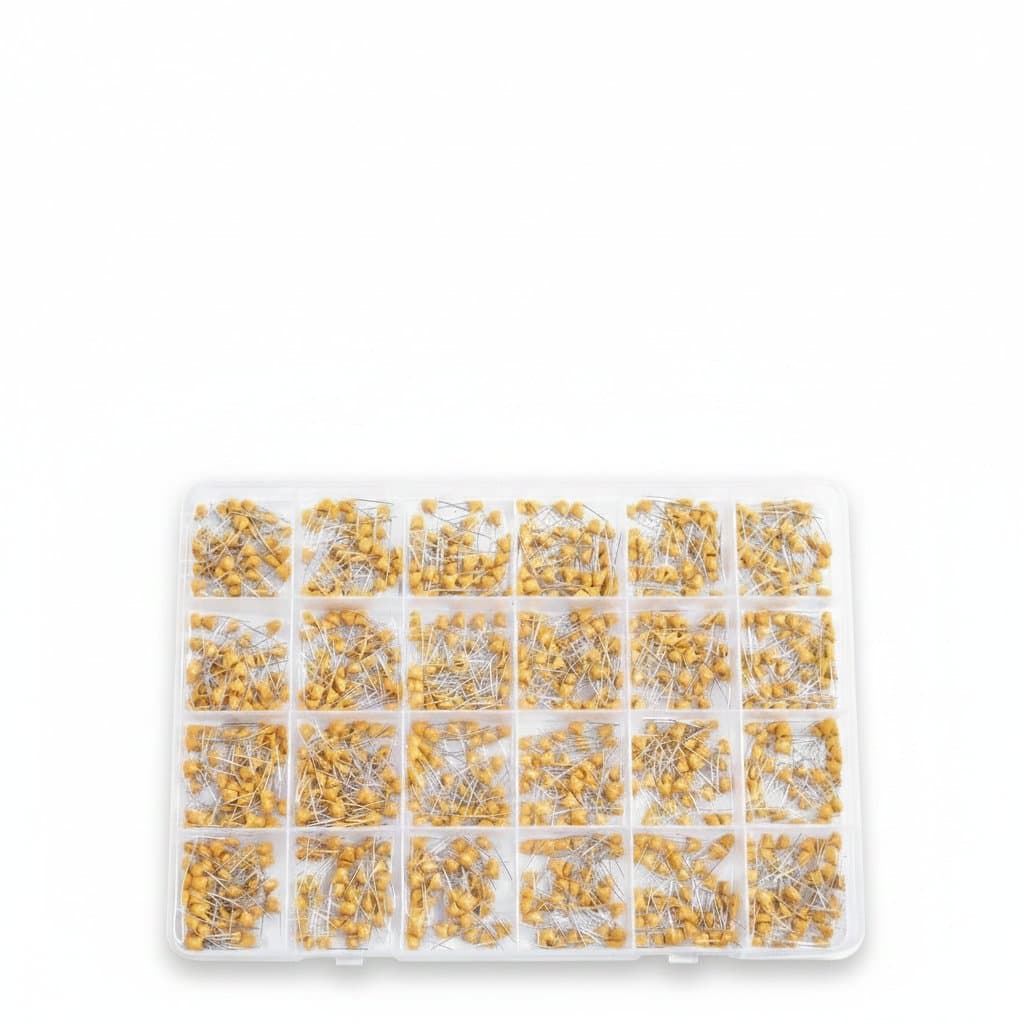 480-piece ceramic capacitor assortment kit for guitar electronics, featuring 24 values from 0.1uf to 10uf in a durable plastic storage case.