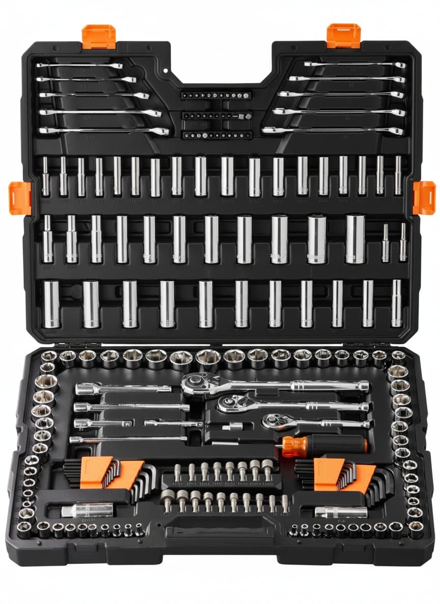SucceBuy 145/205-piece mechanics tool set with SAE and metric deep and standard sockets, bits, and comprehensive tool kit.