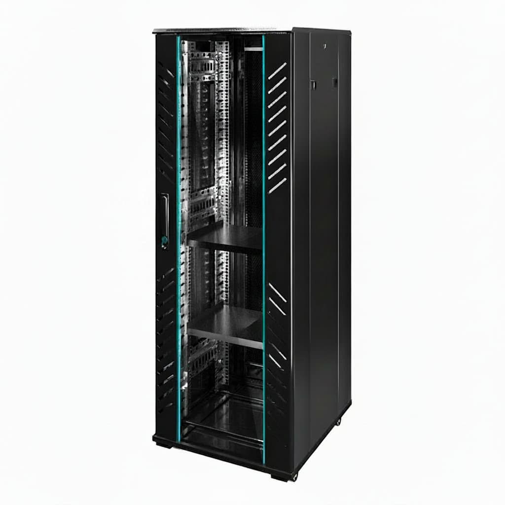42U 19-inch network server cabinet with 36U and 22U side compartments for organizing computer, monitoring, and weak electric equipment in a home or workshop.