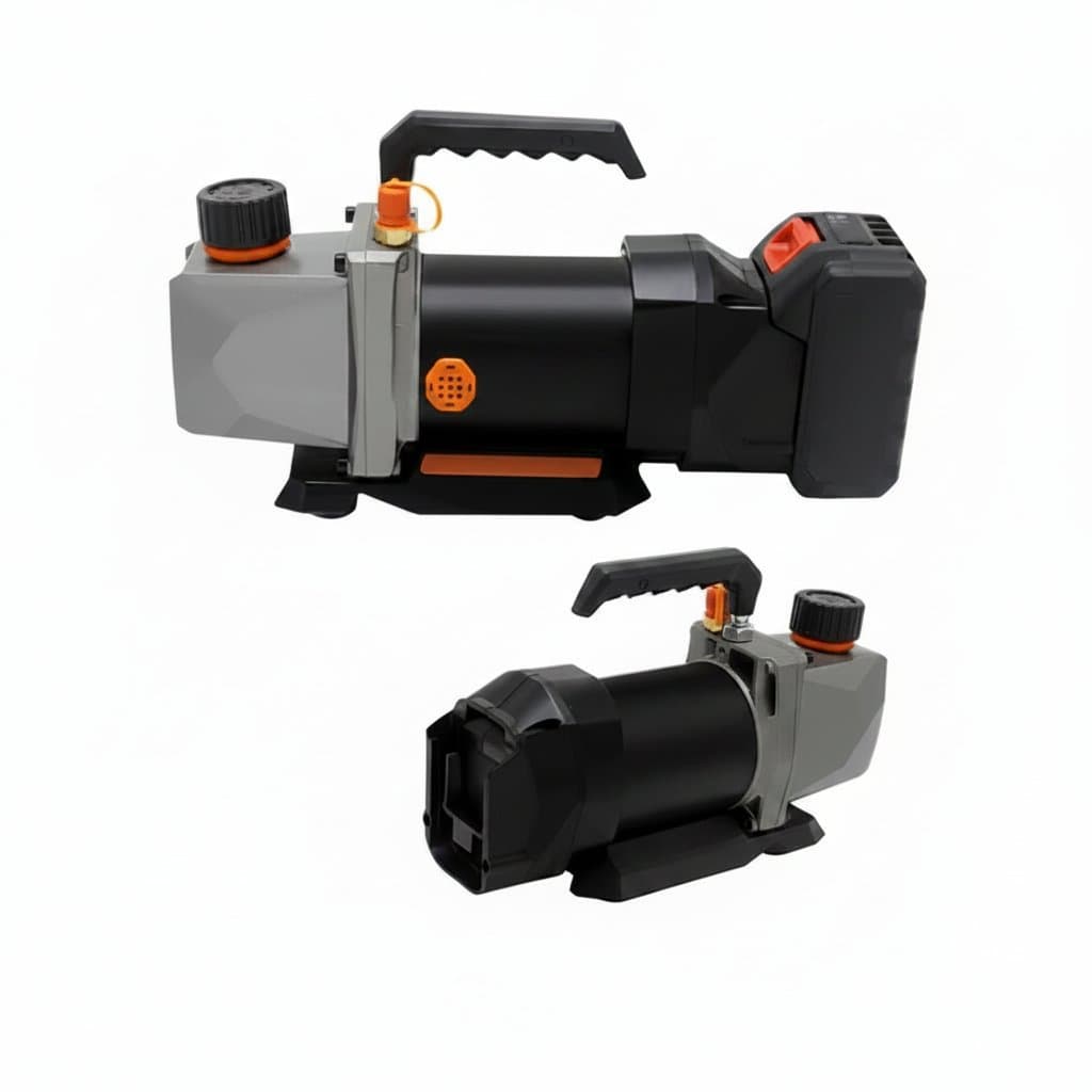 Portable 18V wireless lithium battery vacuum pump for refrigerant charging and air conditioning system maintenance.
