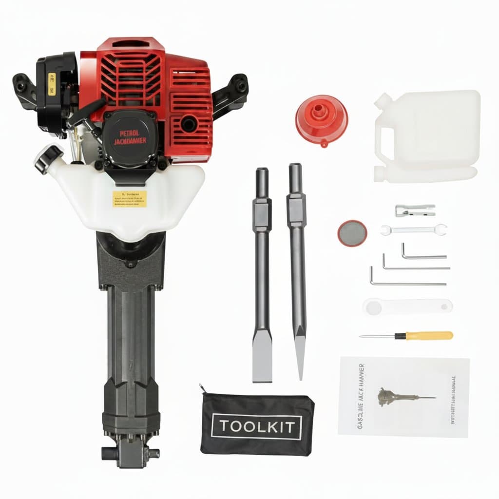 52CC Gas Powered Demolition Jack Hammer with 2 chisels, a heavy-duty 1900W 2-stroke concrete breaker for professional construction.