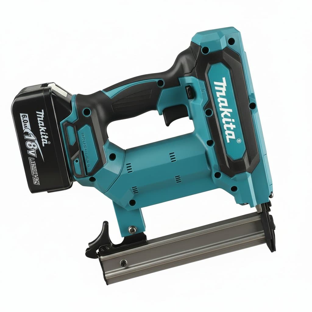 Makita 18V cordless nail gun with 6.0Ah battery, ideal for flooring, shelving, and DIY woodworking projects.