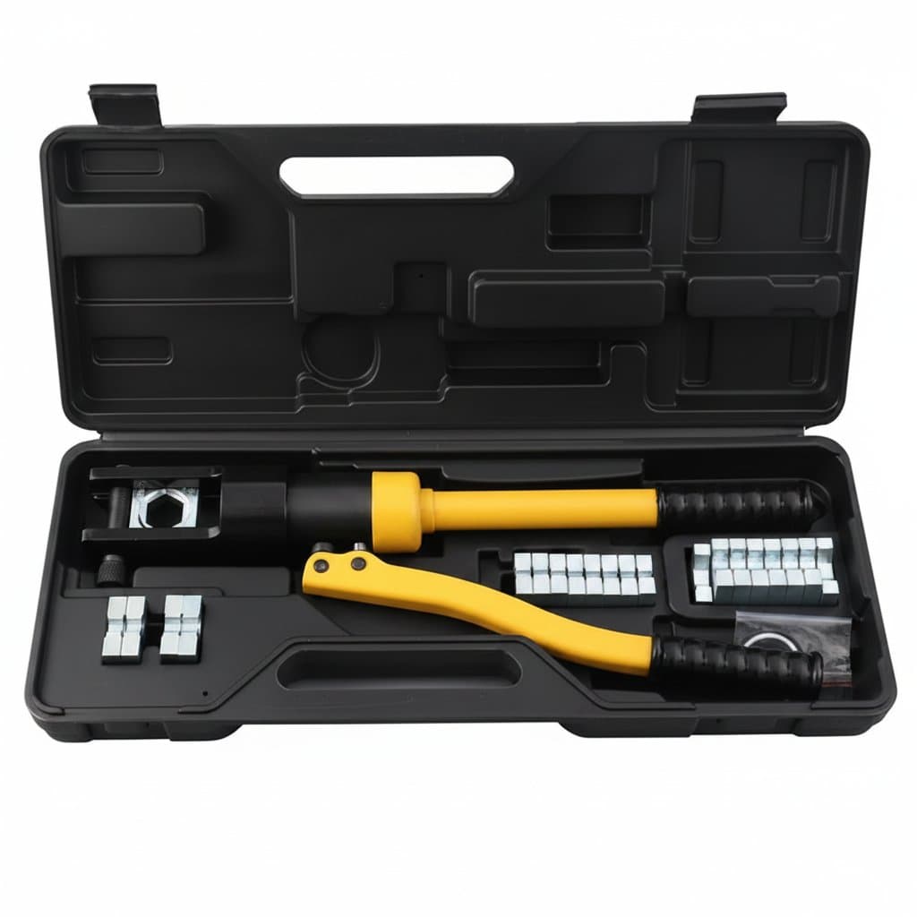 12-ton YQK-300 hydraulic crimper tool with 11 dies for 16-300mm battery cable lugs and terminals, shown on a workbench.