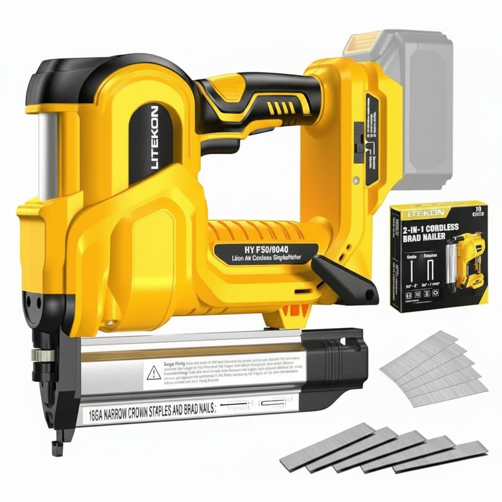 Cordless 18-gauge brad nailer and staple gun tool with 2-inch capacity, compatible with 18V battery platforms (battery not included).