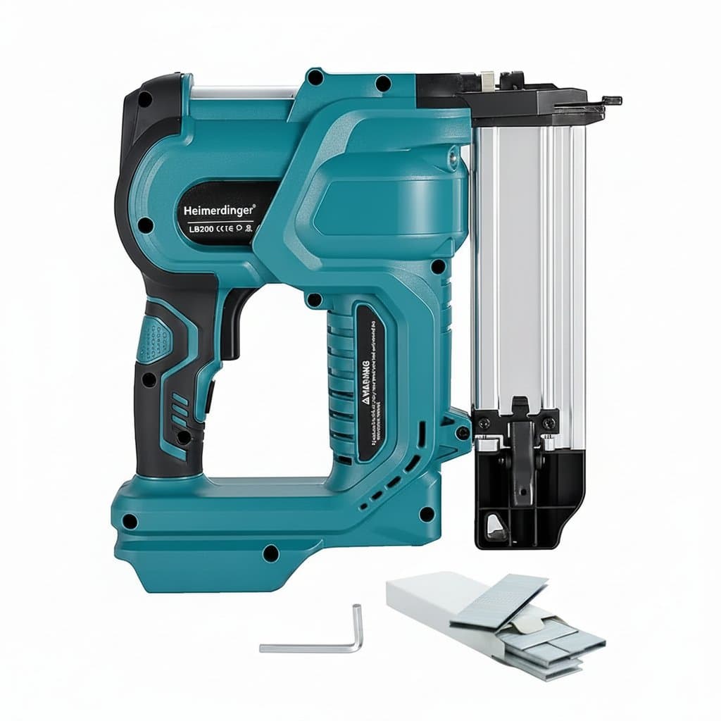 18-gauge 2-in-1 cordless nailer and stapler gun compatible with Makita batteries, includes 500 staples and 500 nails.