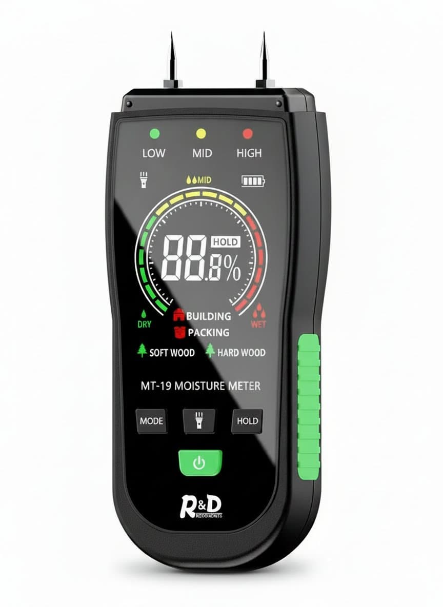 MT19 digital moisture meter with illuminated light for measuring wood, concrete, walls, and firewood moisture levels in construction and home use.