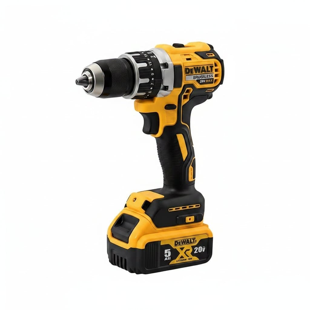 The ewalt DCD796 13mm Cordless Brushless Impact Drill with battery, charger, and case on a workbench.