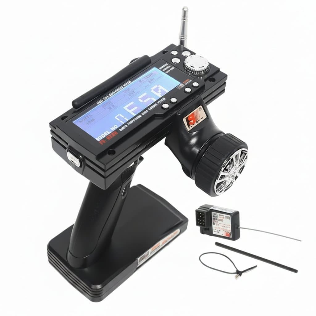 The FlySky GT3B FS-GT3B 2.4G 3CH transmitter is an RC system gun controller with an LED screen, ideal for a remote car starter.