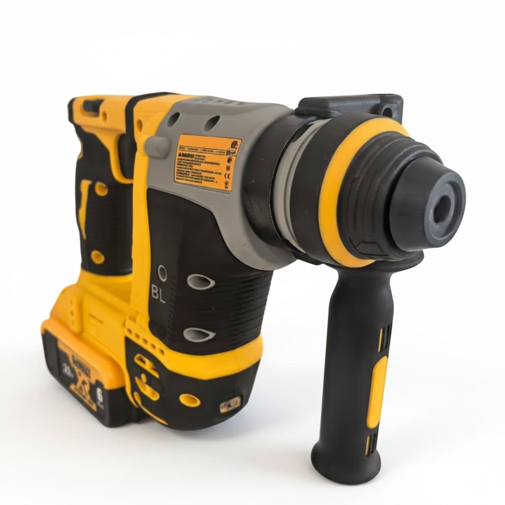 DeWALT 20V MAX cordless SDS rotary hammer drill in use, drilling into concrete with a masonry bit attached.