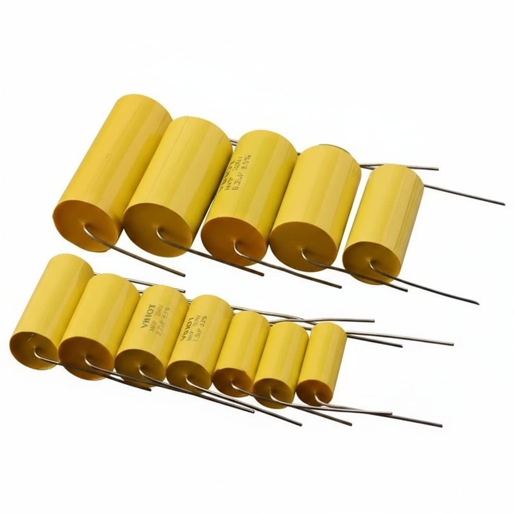 Stepless MKP film capacitor for audio crossover networks, 0.47 to 47uF range, 250V rating in yellow axial housing.