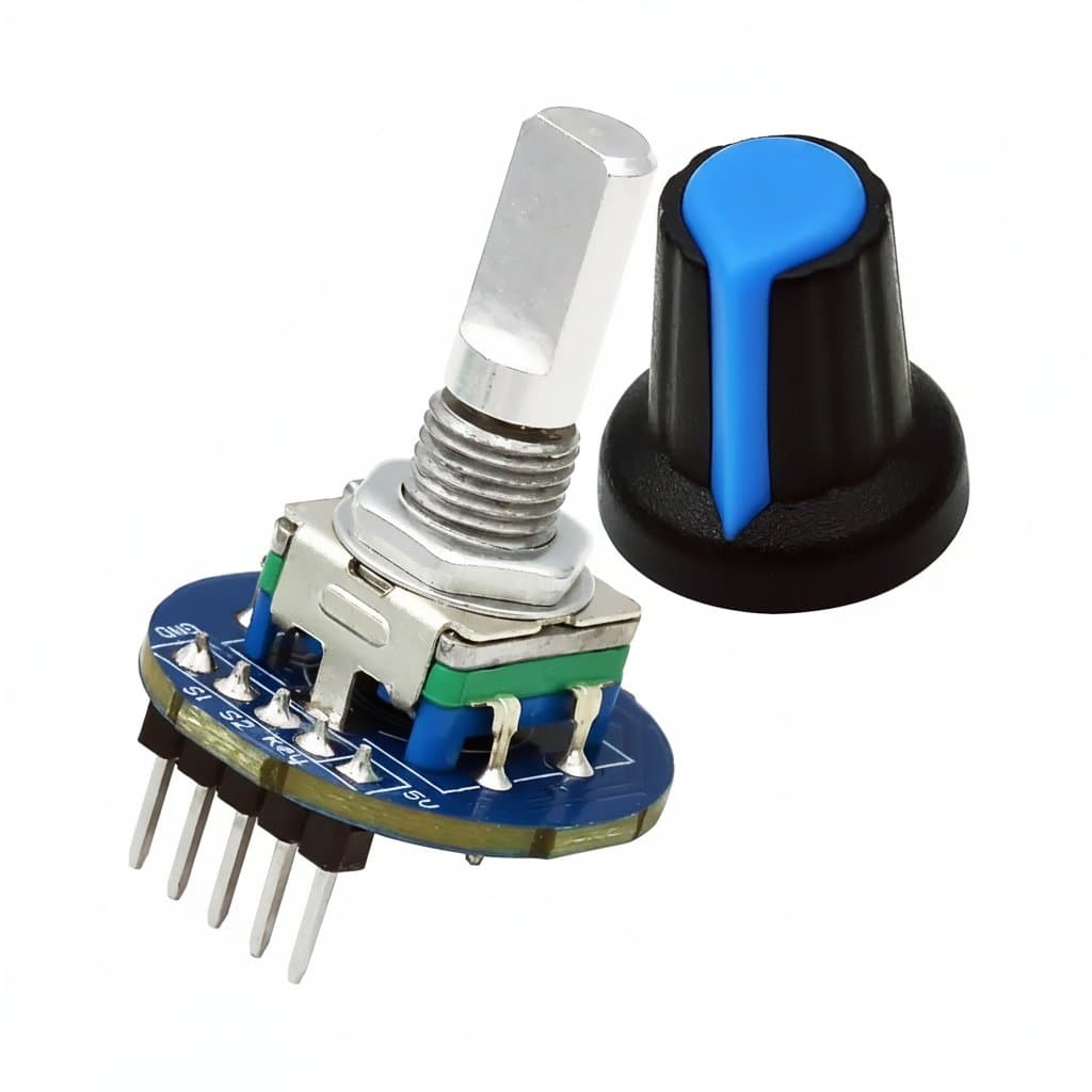 EC11 rotary encoder module with silver knob for Arduino projects, featuring push-button switch and breakout board pins.