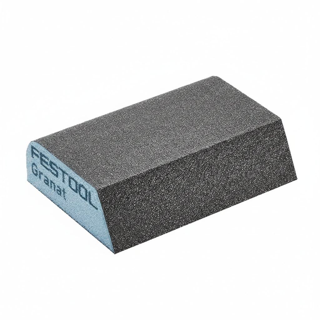 Festool sanding block set with six high-quality Granat abrasive sponges, size 69x98x26mm, grit 120, for hand sanding tasks.