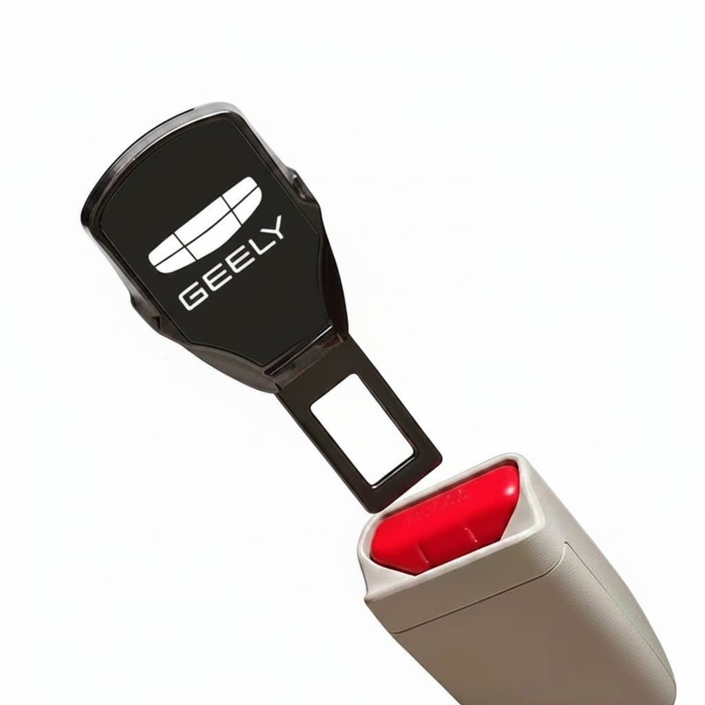 A sleek black seat belt extender with a red button, designed for Geely Geometry C and other models, ensures comfort and safety.
