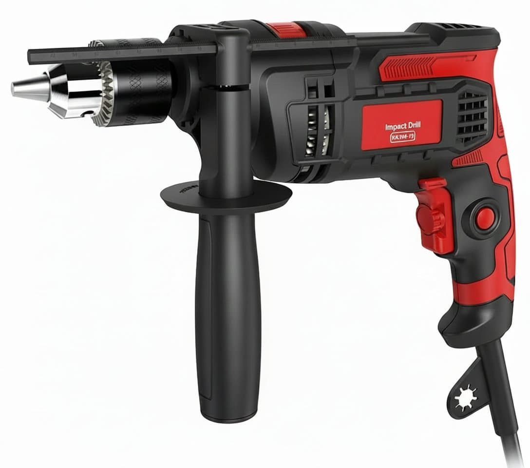 Professional 850W hammer drill with variable speed trigger, dual function for drilling concrete and wood, shown with side handle and chuck key.
