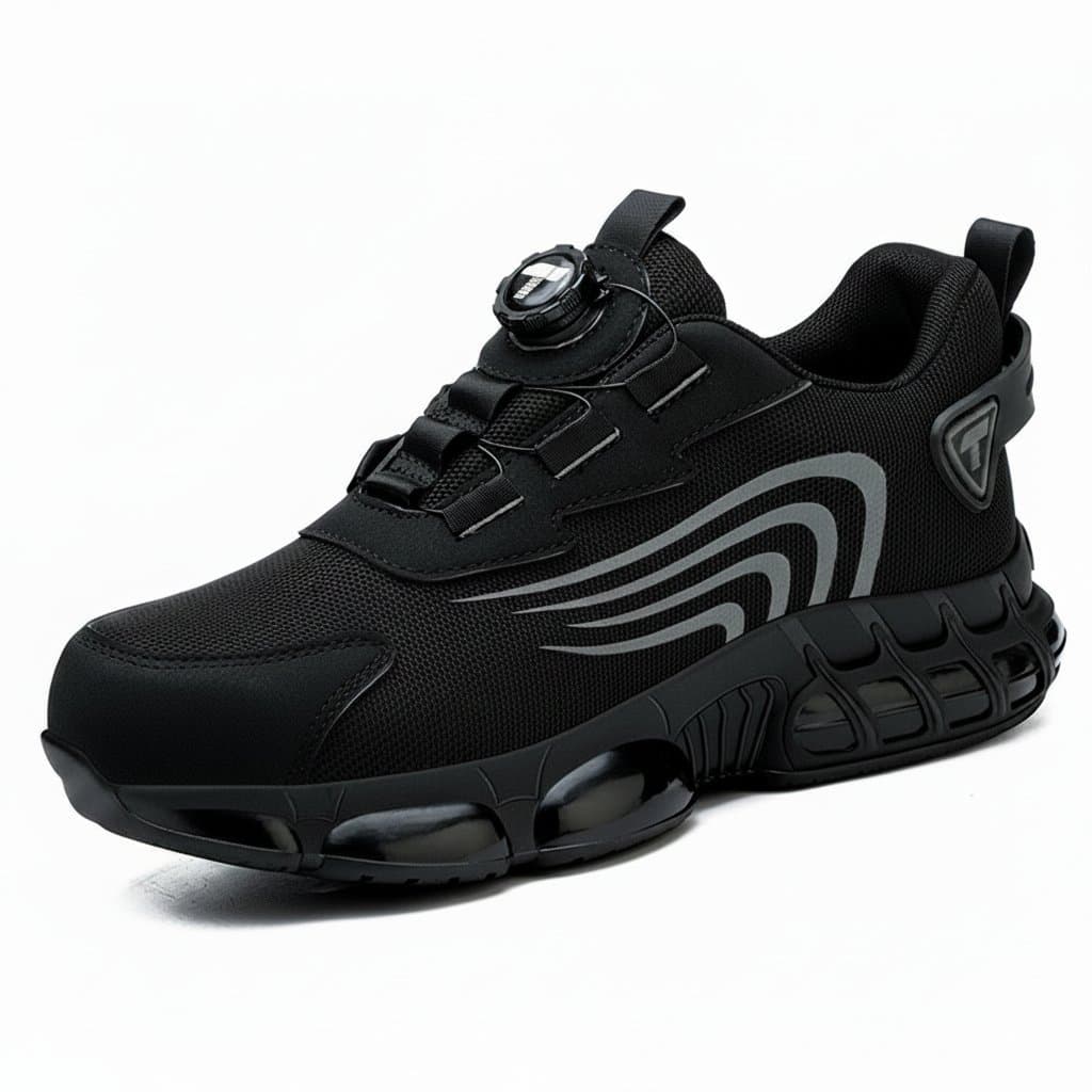 Men's rotary button safety shoes with anti-impact and anti-piercing protection, combining fashionable sports shoe styling with safety features.