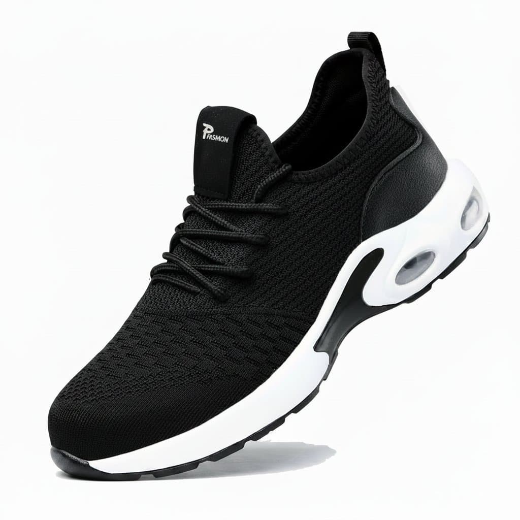 Lightweight men's steel toe work sneakers with anti-smash and anti-puncture protection in indestructible safety shoe design.