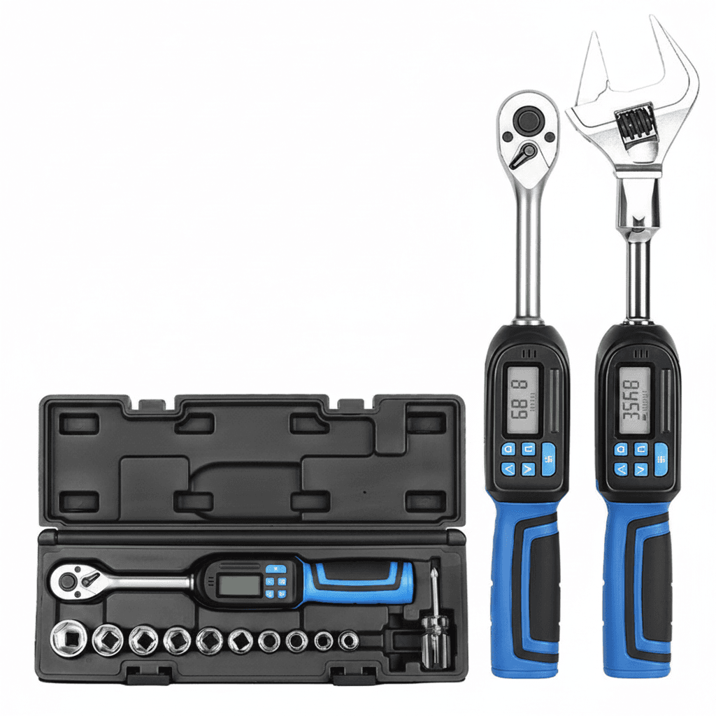 A digital spark plug torque wrench with ±2% accuracy, LED flash, and buzzer for notification.