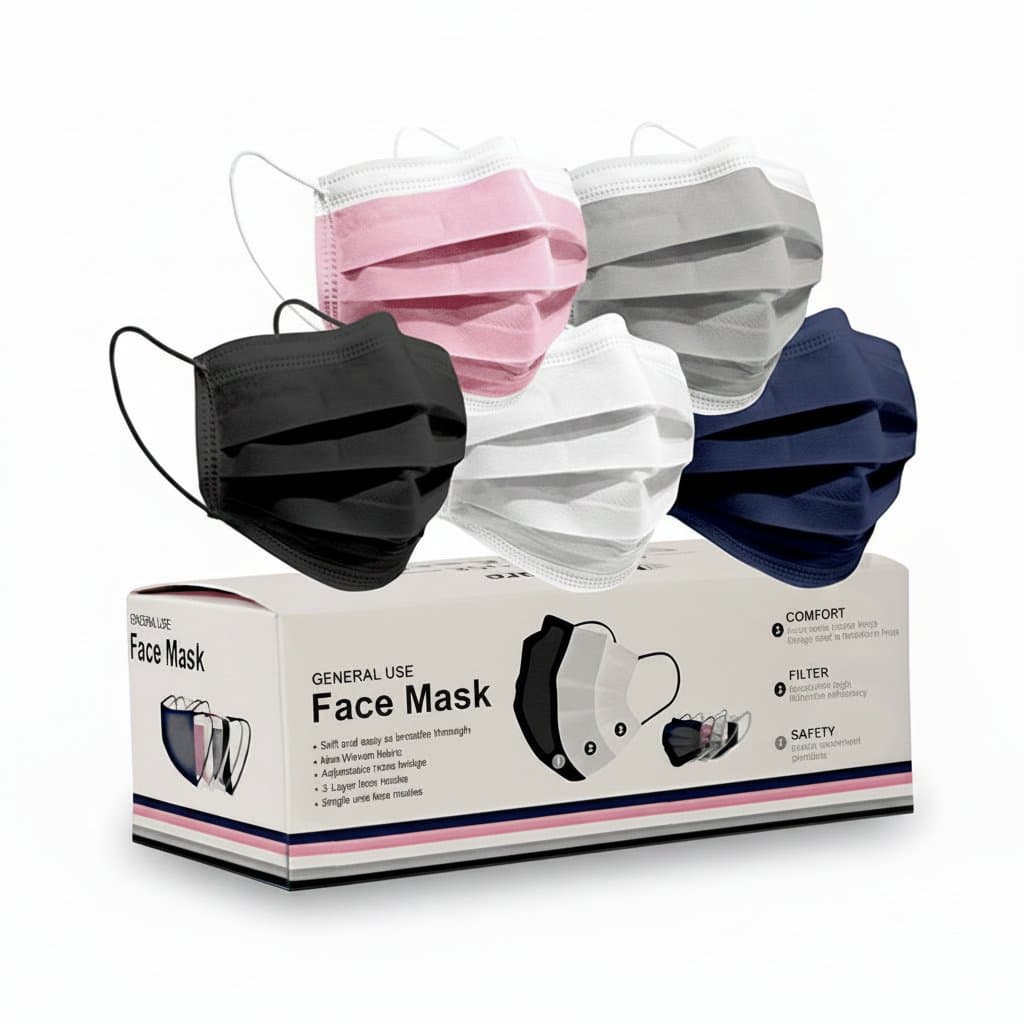 50-pack of protective face masks with 3 breathable layers, showing the 5 colorful adult options in a 10-pack variety set.
