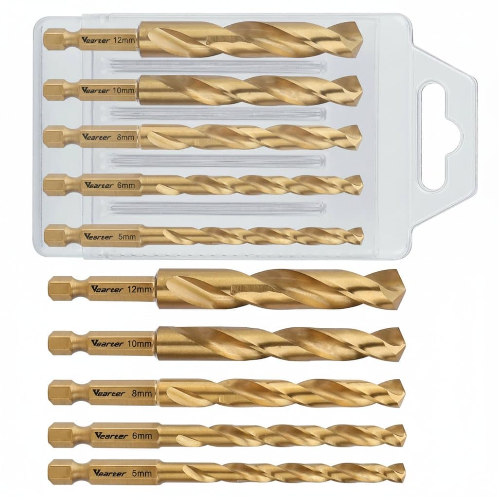 Set of 5 HSS titanium-plated twist drill bits with hex shanks, ranging from 5mm to 12mm for drilling wood, metal, plastic, and PVC.